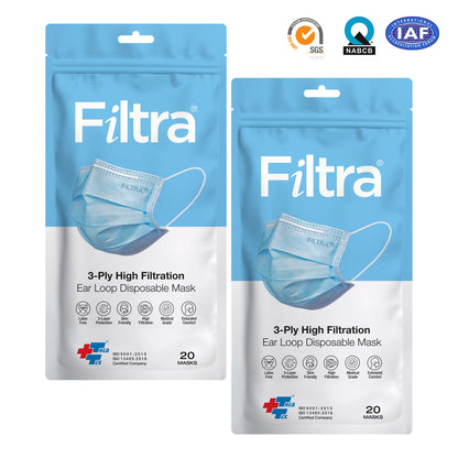 Blue 3-Ply Ear Loop Surgical Mask Pouch of 20 Masks