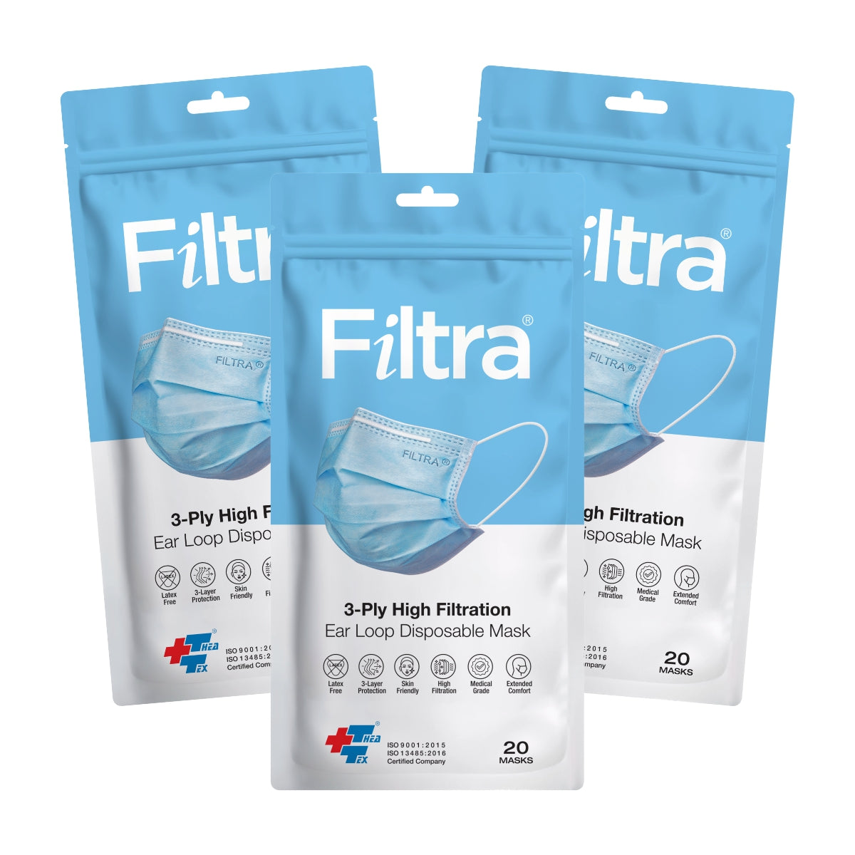 FILTRA® 3-Ply Ear Loop Surgical Mask | Blue | Zip Lock Pouch of 20 Masks | [20 count (Pack of 3)]