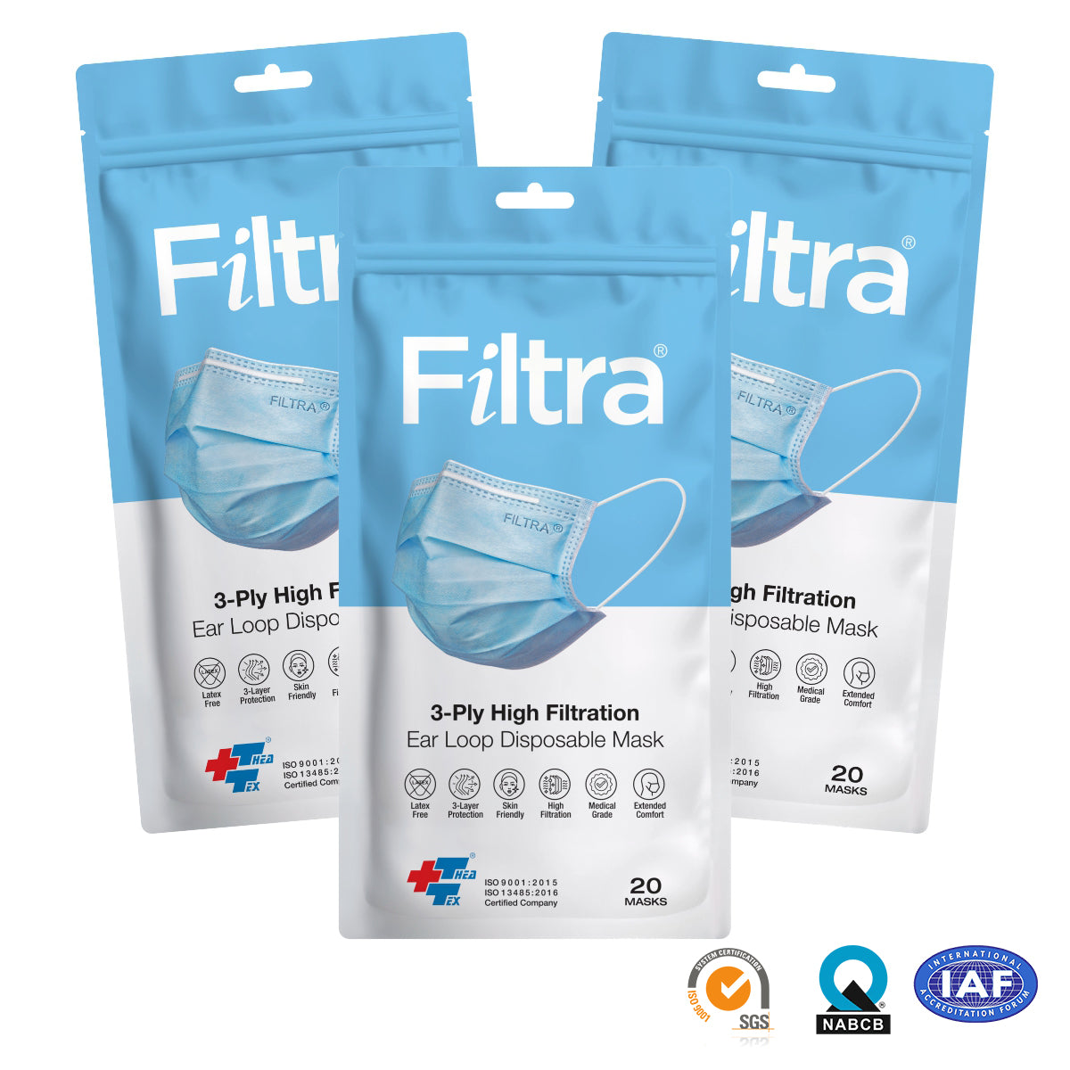 Blue 3-Ply Ear Loop Surgical Mask Zip Lock Pouch of 20 Masks (20 count Pack of 3)