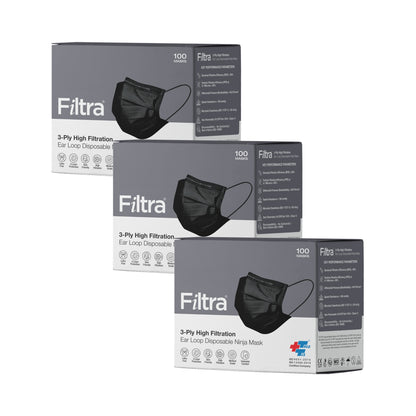 FILTRA® 3-Ply Ear Loop Surgical Mask | Black | Box of 100 Masks