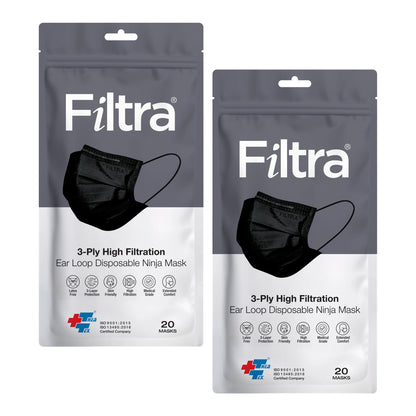 FILTRA® 3-Ply Ear Loop Surgical Mask | Black | Zip Lock Pouch of 20 Masks | [20 count (Pack of 3)]