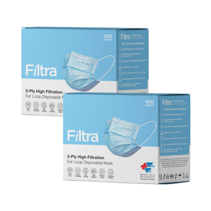 Blue 3-Ply Ear Loop Surgical Mask Pack of 2 Boxes X 100 Masks