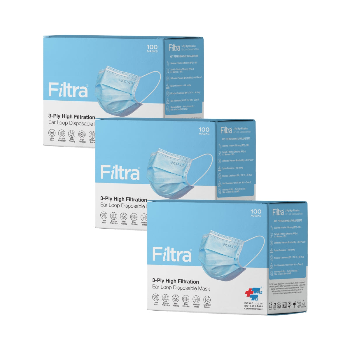 Blue 3-Ply Ear Loop Surgical Mask Pack of 3 Boxes X 100 Masks