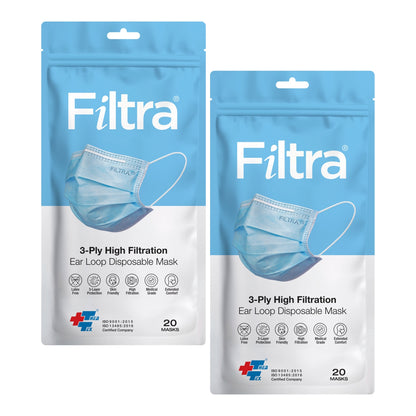 FILTRA® 3-Ply Ear Loop Surgical Mask | Blue | Pouch of 20 Masks