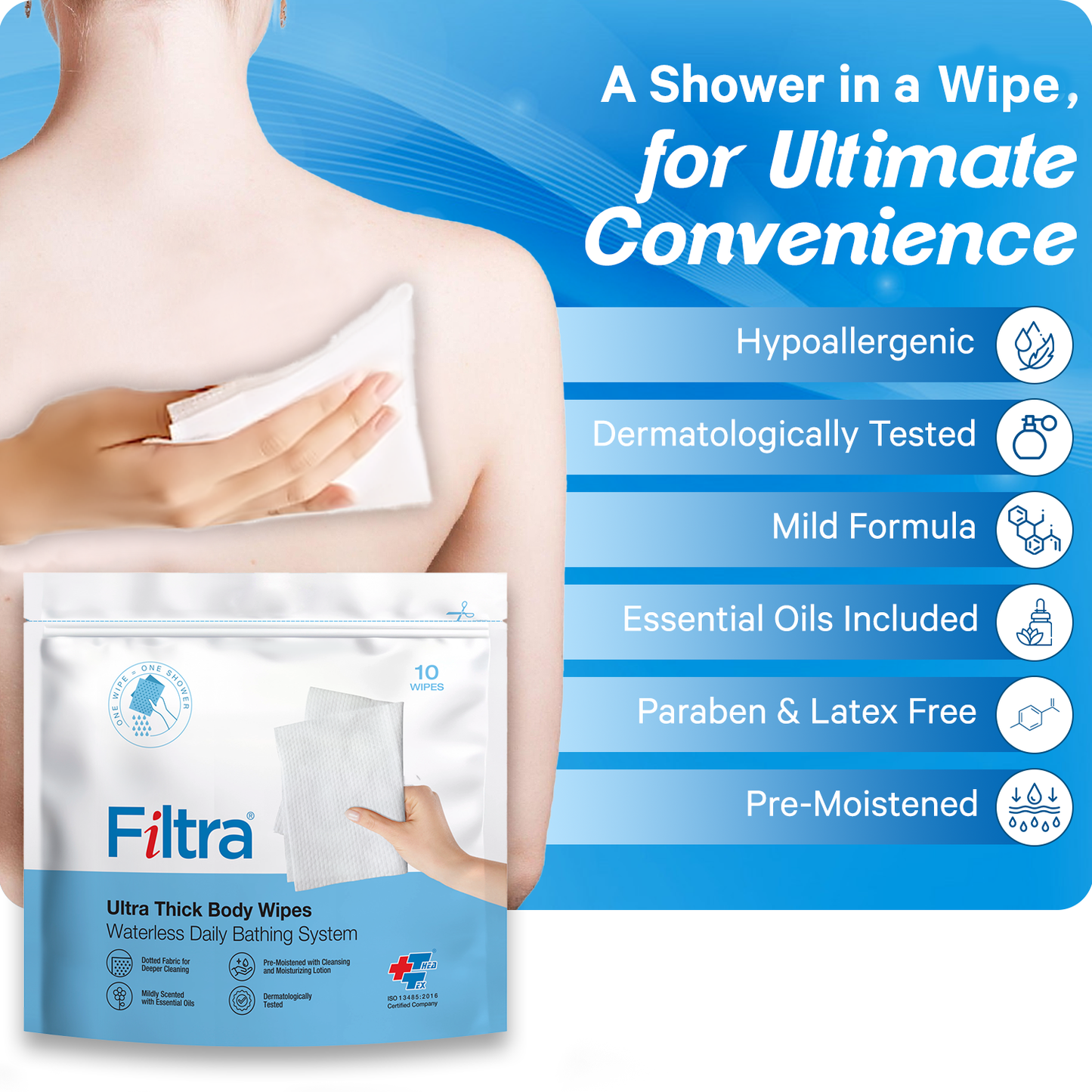 FILTRA® Ultra Thick Body Wipes | Re-Sealable Zip Lock Pouch of 10 Wipes | [ 10 count (Pack of 4)]