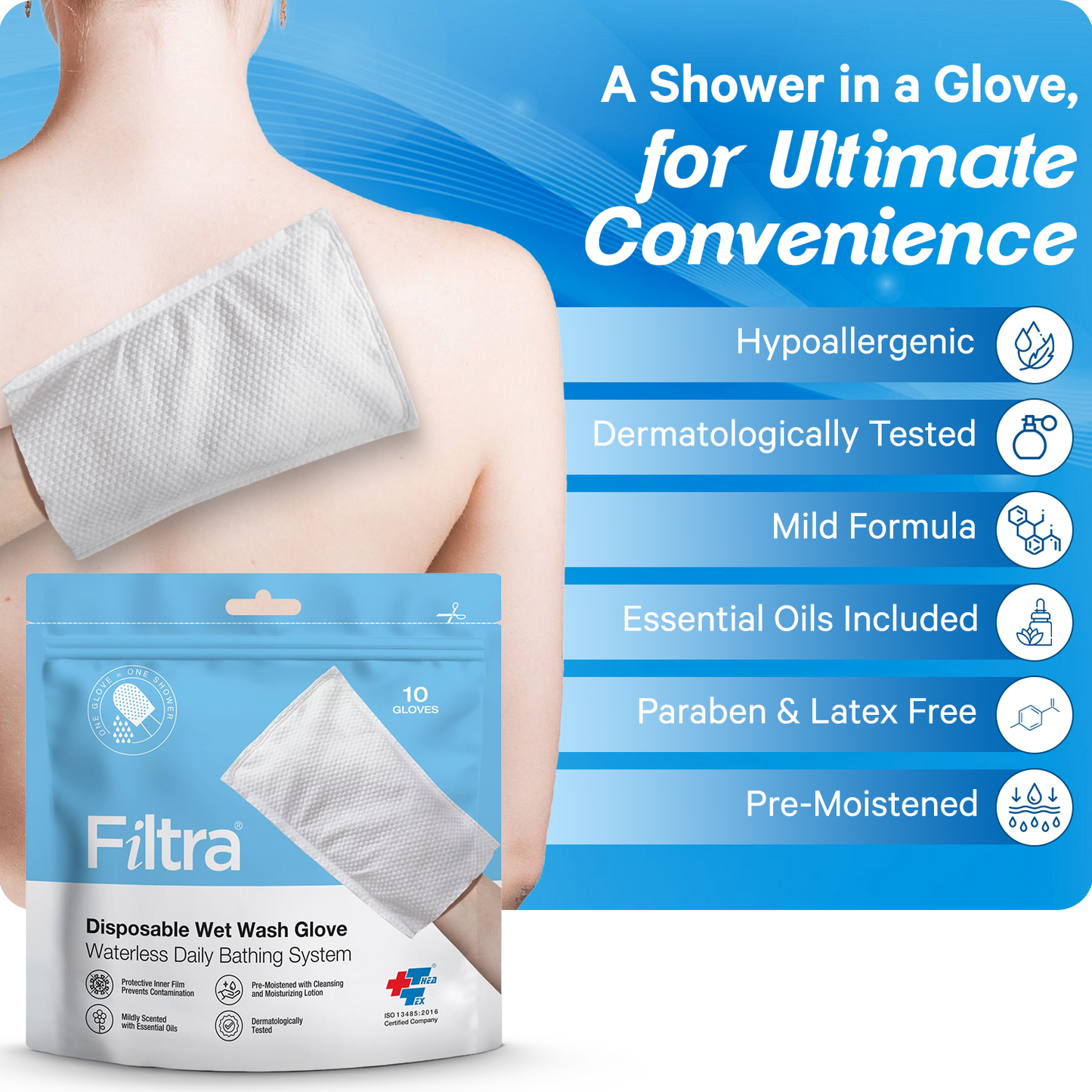 FILTRA® Disposable Wet Wash Gloves | Body Wipes | Re-Sealable Zip Lock Pouch of 10 Gloves | [10 count (Pack of 2)]