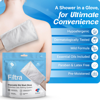 FILTRA® Disposable Wet Wash Gloves | Body Wipes |Re-Sealable Zip Lock Pouch of 10 Gloves