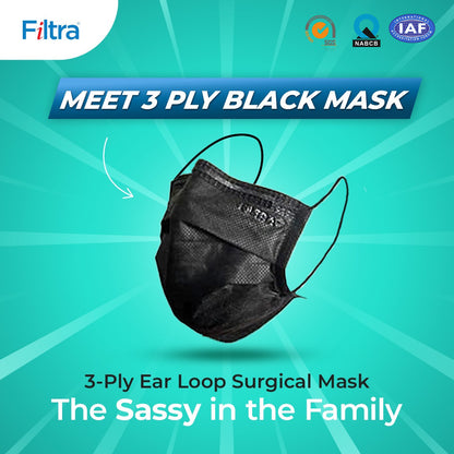 Black 3-Ply Ear Loop Surgical Mask Pouch of 20 Masks