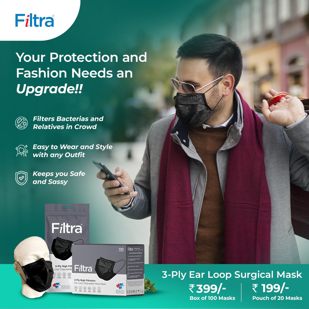 Black+Multi Colour 3-Ply Ear Loop Surgical Mask Adult+Kids Pouch of 20 Masks