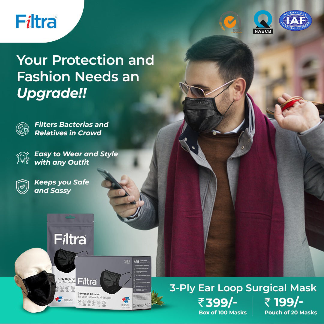 Black 3-Ply Ear Loop Surgical Mask Pouch of 20 Masks