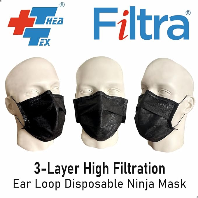 Image showing three mannequins wearing black Filtra 3-layer high filtra ear loop disposable ninja masks
