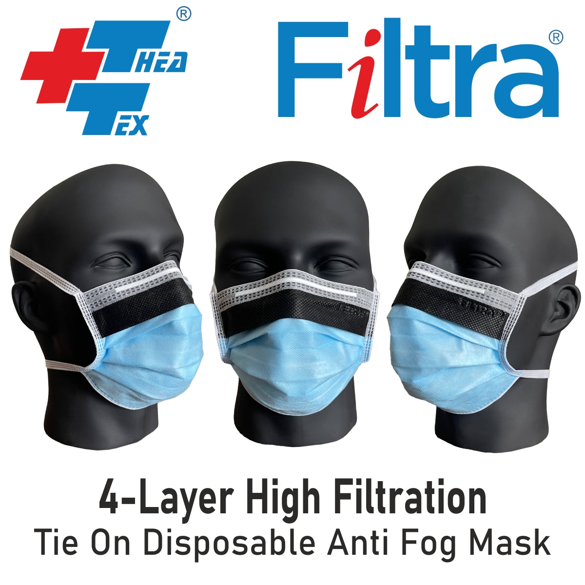 Filtra 4-layer high-filtration tie-on disposable anti-fog mask in black and blue, shown on mannequin heads.