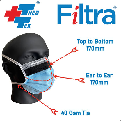 FILTRA® 4-Ply Tie On Anti Fog Mask | Blue | Box of 50 Masks