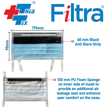 FILTRA® 4-Ply Tie On Anti Fog Mask | Blue | Box of 50 Masks