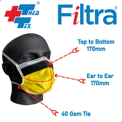 FILTRA® 4-Ply Tie On Anti Fog Mask | Yellow | Box of 50 Masks