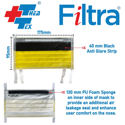 FILTRA® 4-Ply Tie On Anti Fog Mask | Yellow | Box of 50 Masks