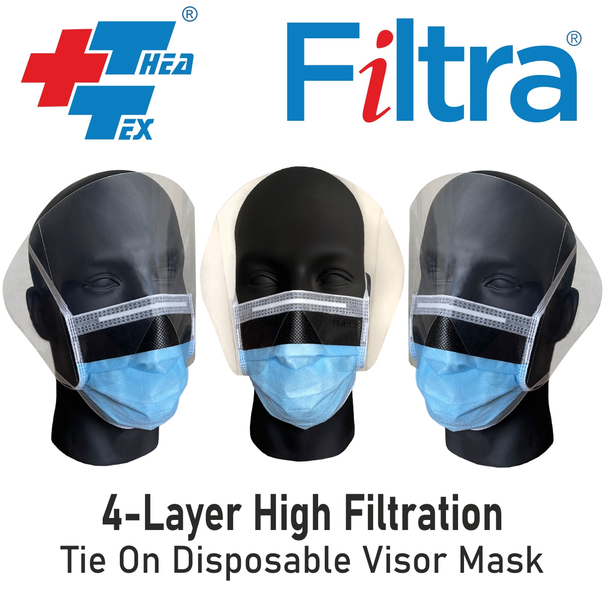 FILTRA 4-layer tie-on disposable visor mask with clear face shield. High filtration.