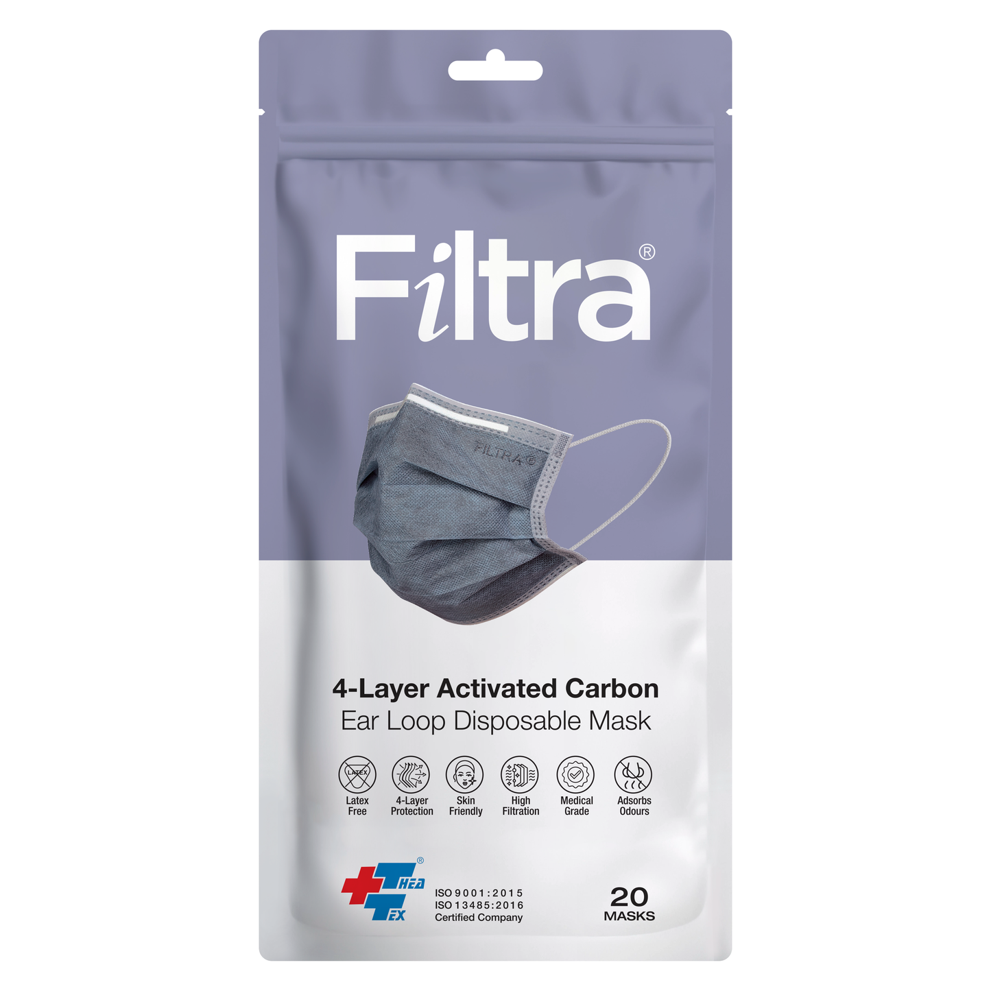 FILTRA® 4-Ply Ear Loop Activated Carbon Mask | Grey | Box of 50 Masks