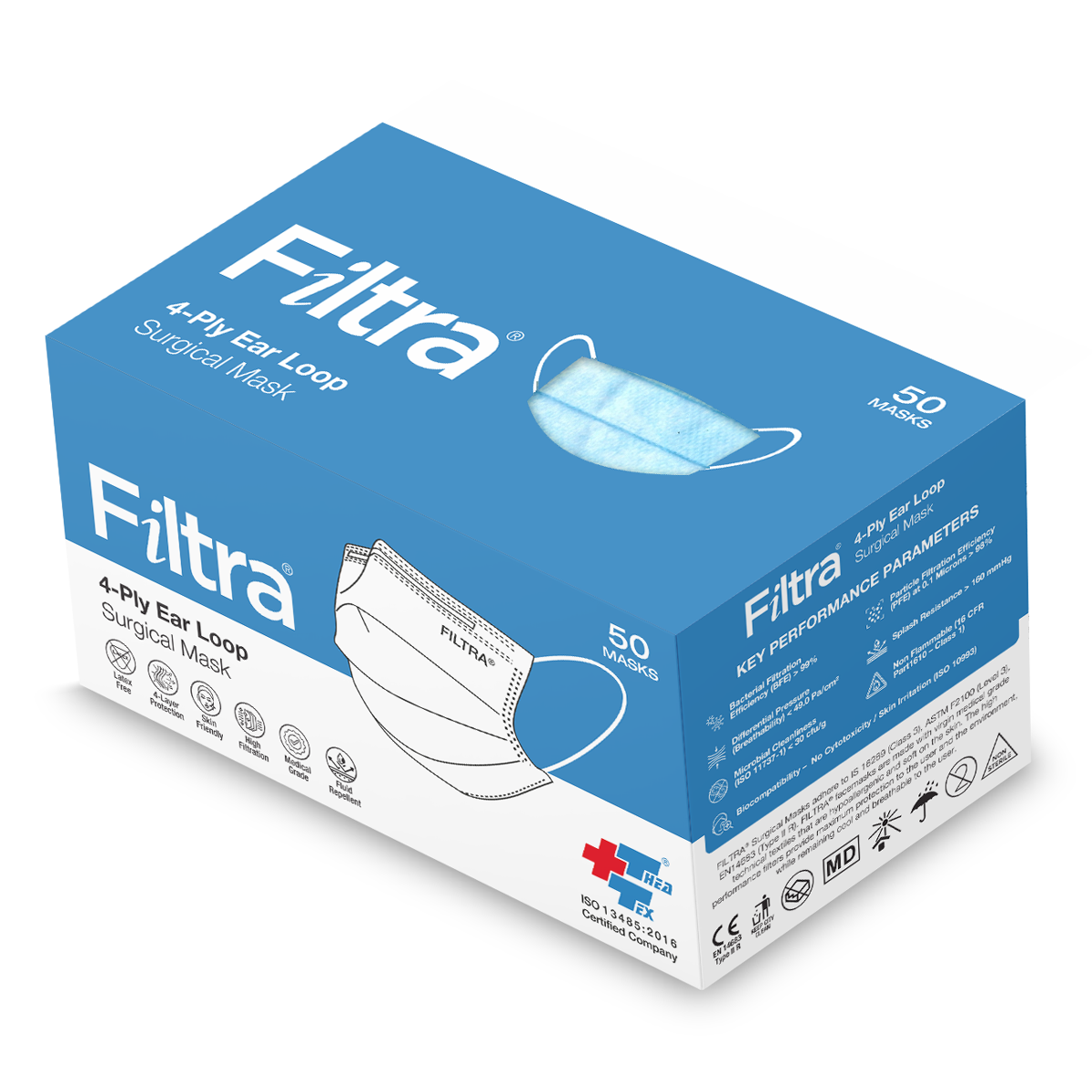 FILTRA® 4-Ply Ear Loop Mask | Blue | Box of 50 Masks