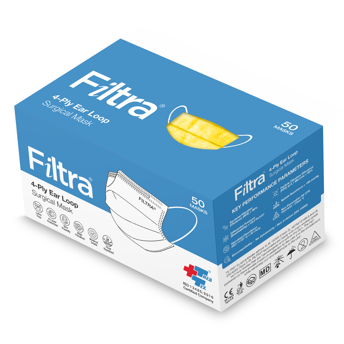 FILTRA® 4-Ply Ear Loop Mask | Yellow | Box of 50 Masks