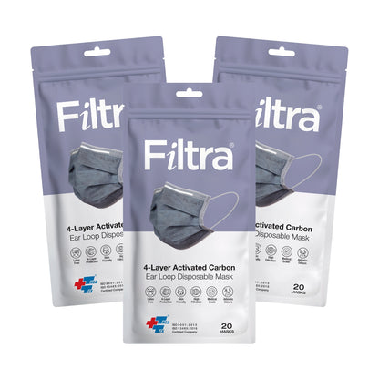 FILTRA® 4-Ply Ear Loop Activated Carbon Mask | Grey | Zip Lock Pouch of 20 Masks | [20 count (Pack of 3)]