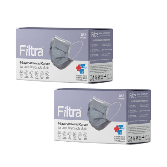 Grey 4-Ply Ear Loop Activated Carbon Mask Pack of 2 Boxes x 50 Masks