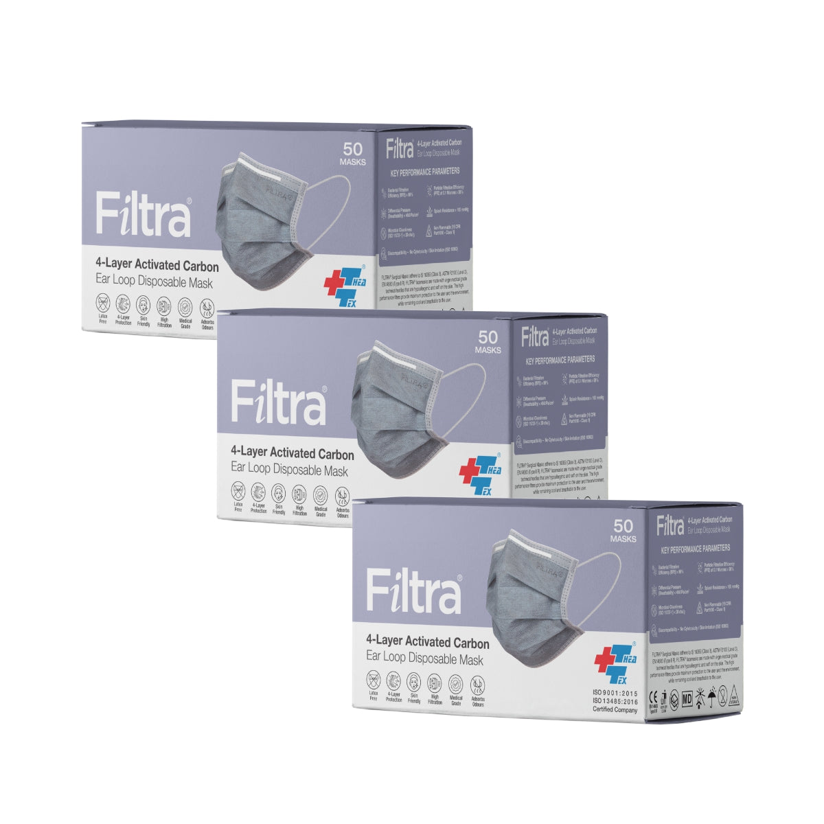 FILTRA® 4-Ply Ear Loop Activated Carbon Mask | Grey | Box of 50 Masks