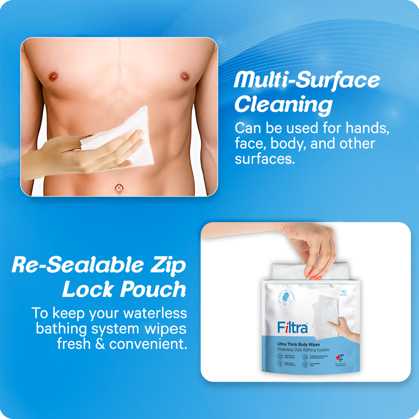 FILTRA® Ultra Thick Body Wipes | Re-Sealable Zip Lock Pouch of 10 Wipes