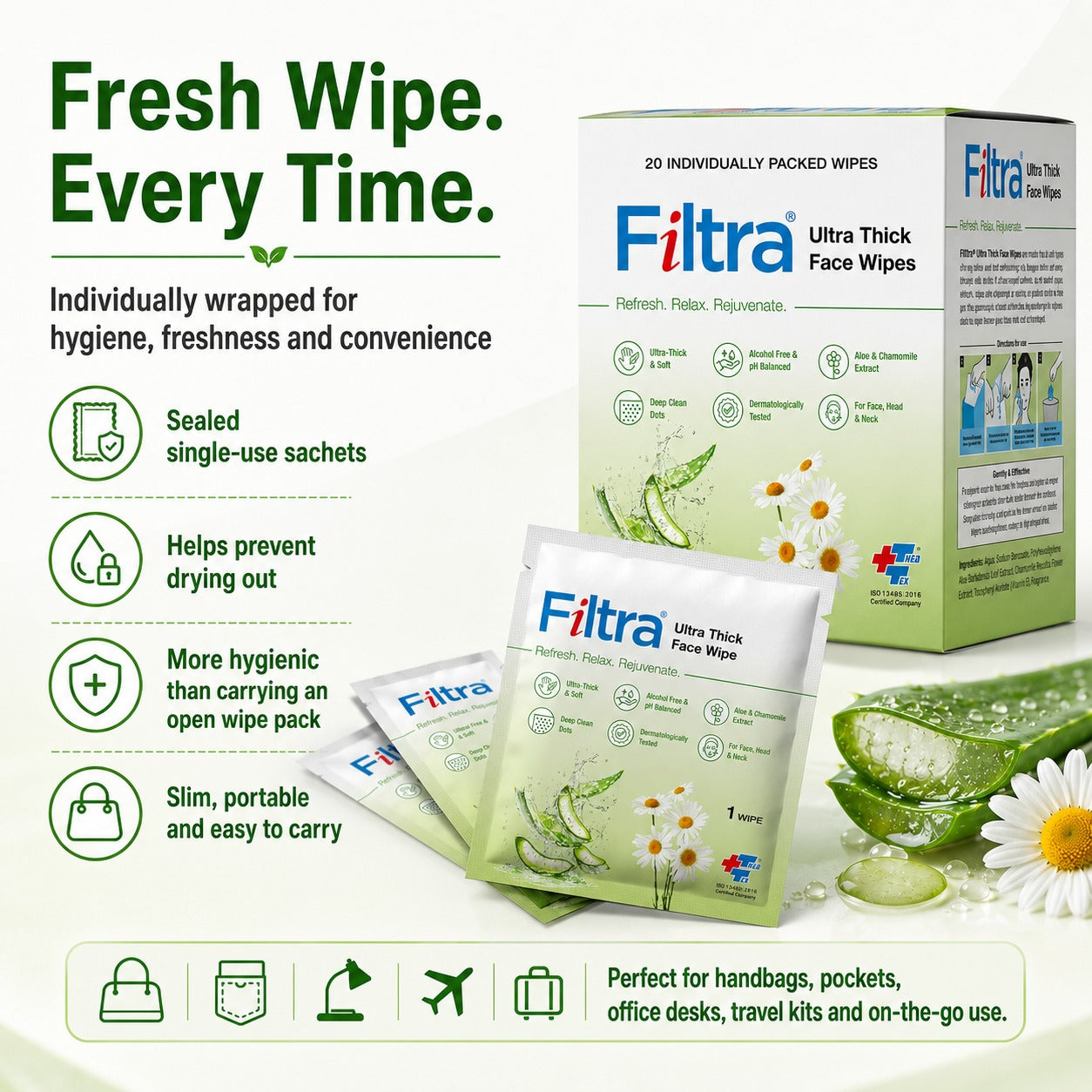Ultra Thick Face Wipes-Box of 20 Single Sachets
