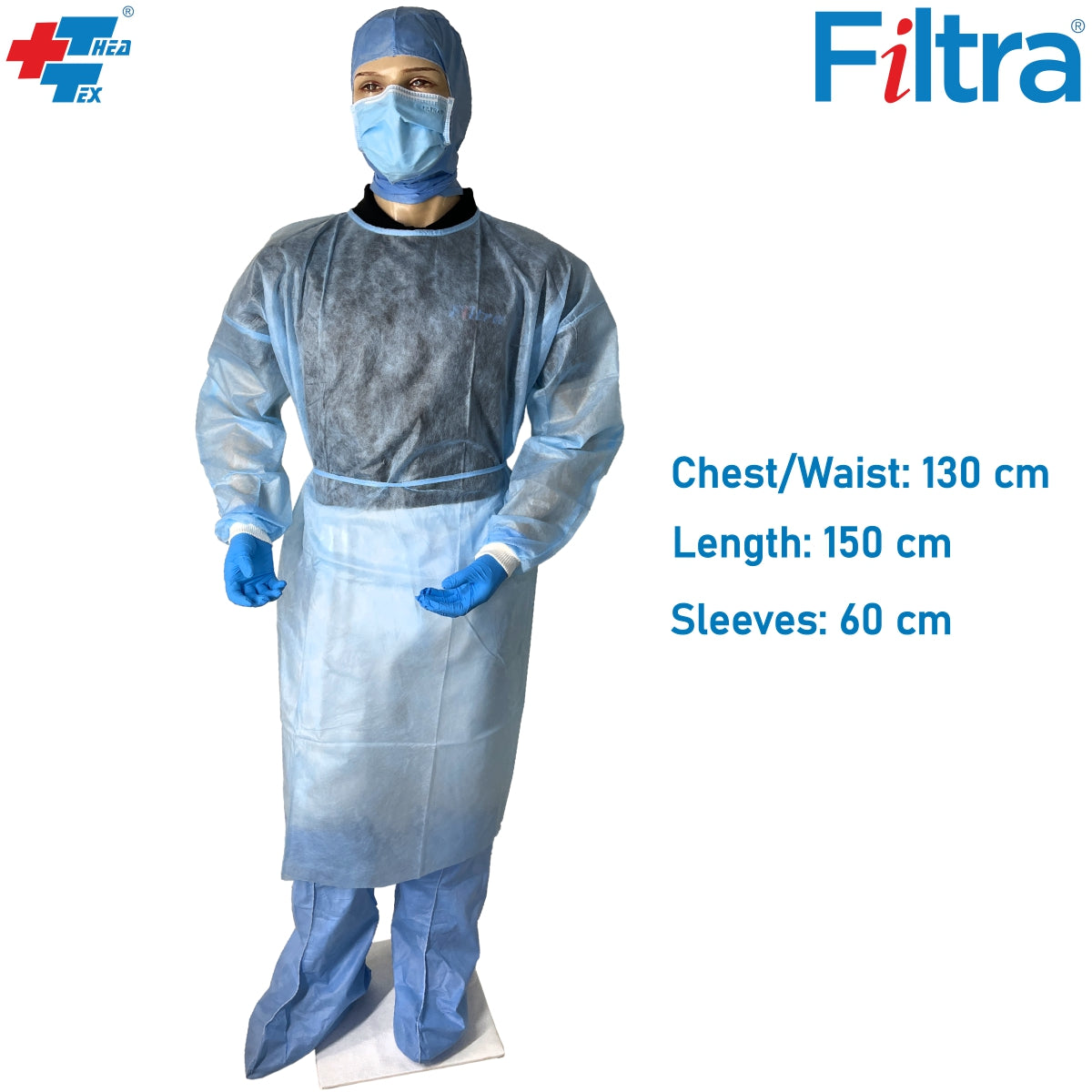 A blue Filtra gown made from 40 GSM nonwoven fabric, suitable for medical and hygiene applications.