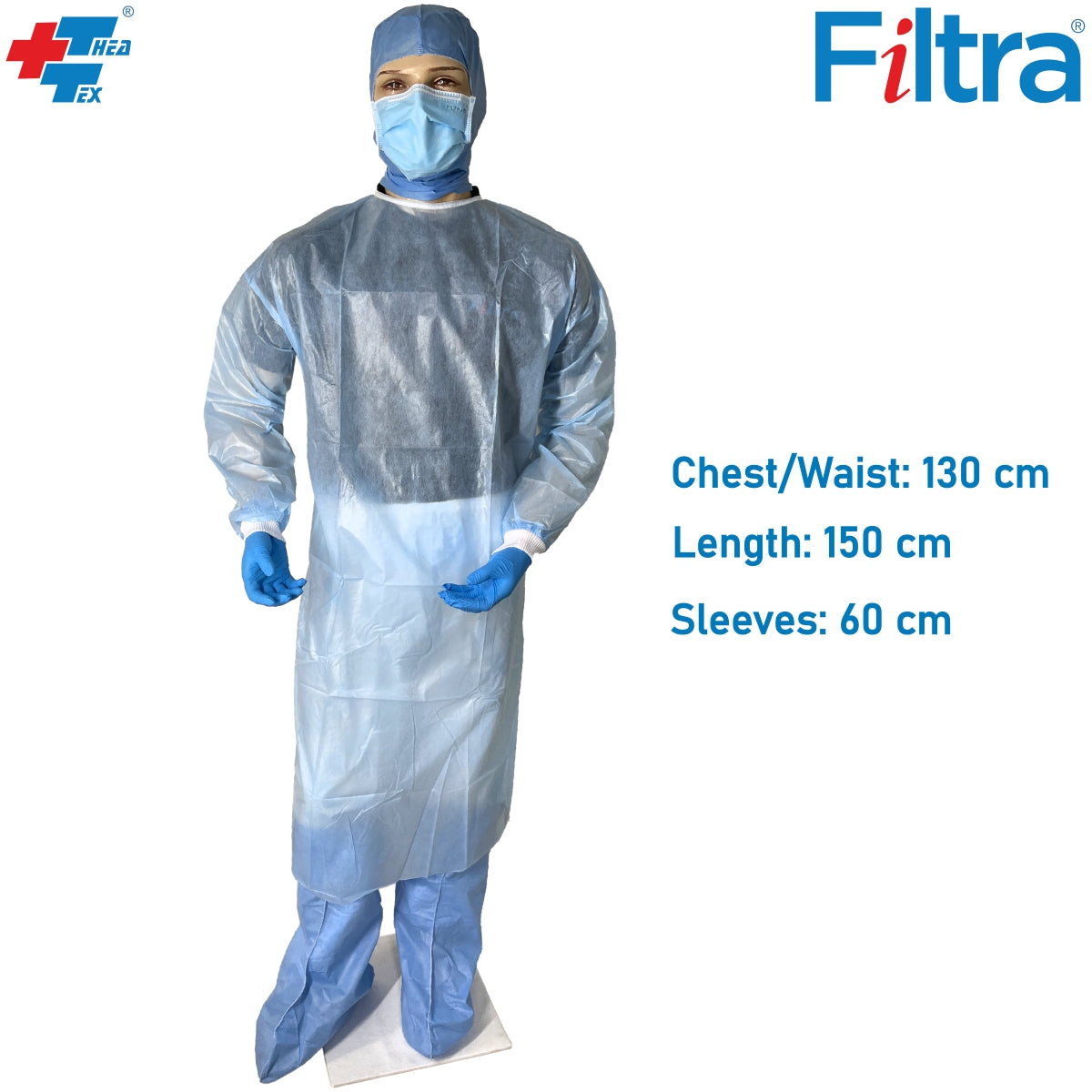 A laminated blue Filtra gown made from 40 GSM nonwoven fabric, offering extra protection in medical or hygiene settings.