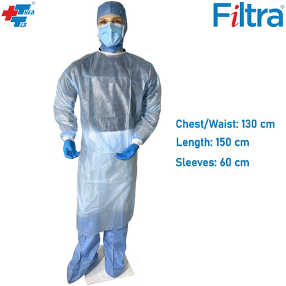 A laminated blue Filtra gown made from 40 GSM nonwoven fabric, offering extra protection in medical or hygiene settings.