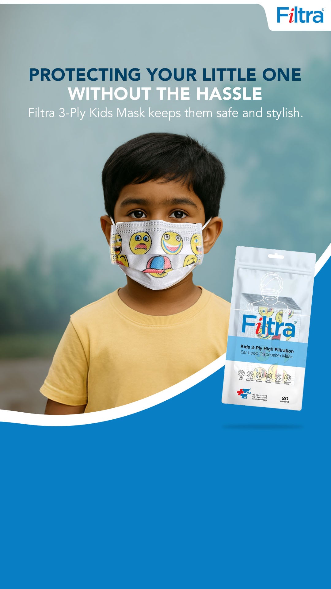 Multi Colour 3-Ply Ear Loop Kids Mask Pouch of 20 Pcs Masks