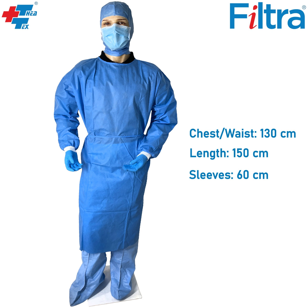 A blue Filtra SMS gown made from 43 GSM nonwoven fabric, providing reliable protection in medical and hygiene environments.