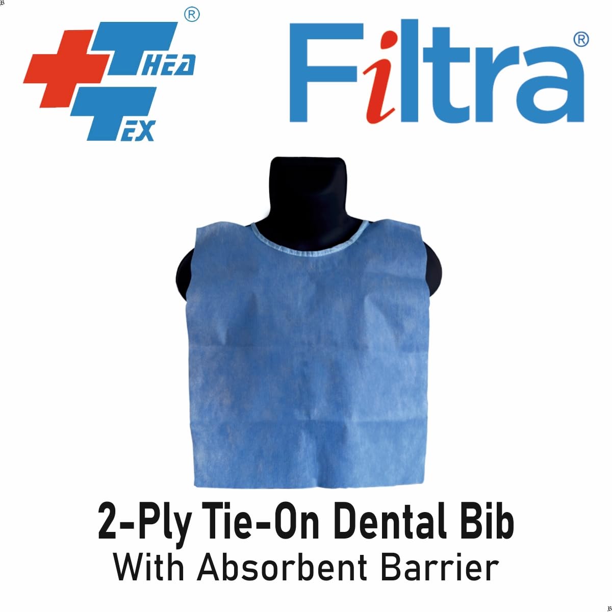 FILTRA® Disposable Dental Bib with Neck Ties | Blue | Zip Lock Pouch of 10 Bibs | [10 count (Pack of 2)]