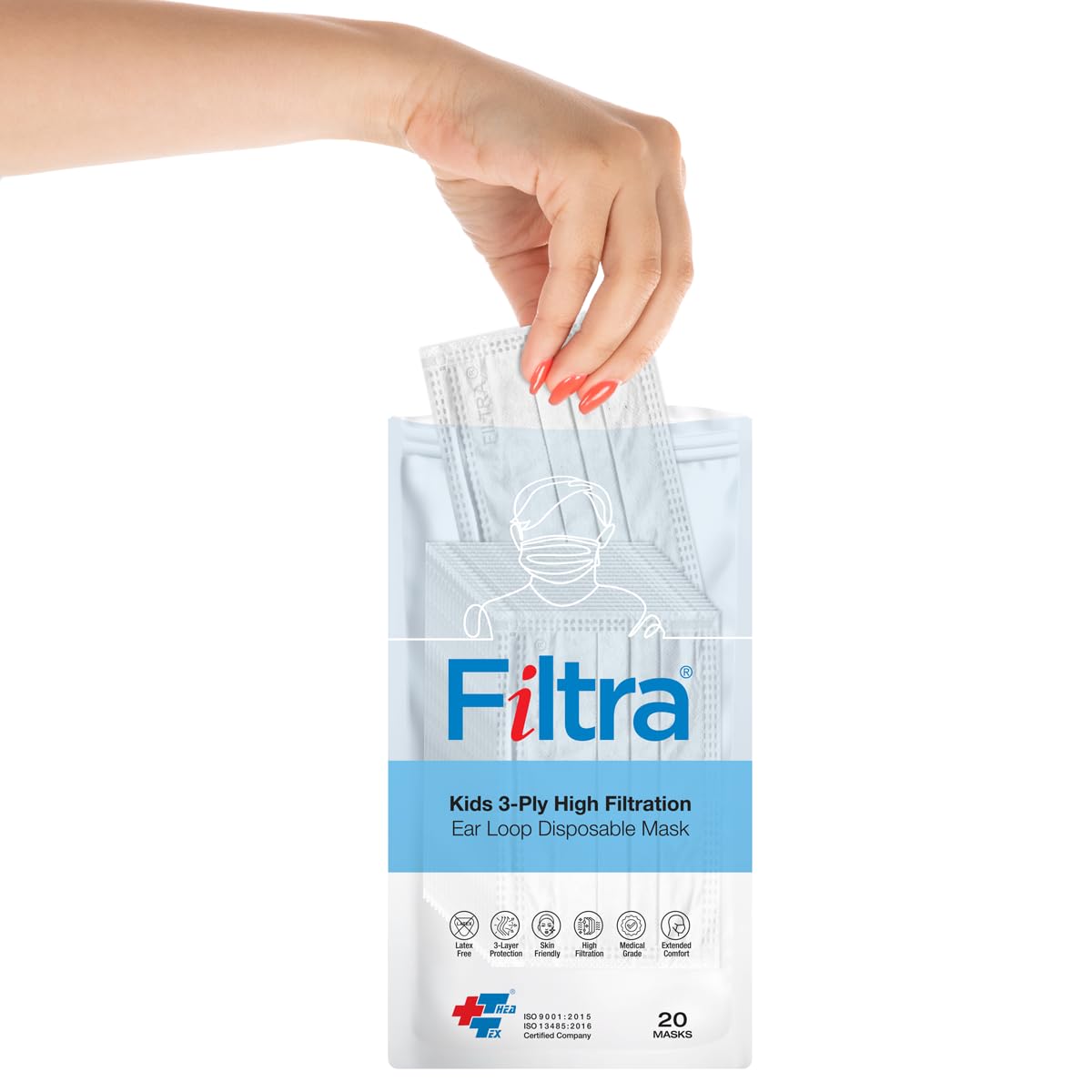 A woman's hand reaches into a package of FILTRA Kids 3-Ply High Filtration Ear Loop Disposable Masks, which contains 20 masks.