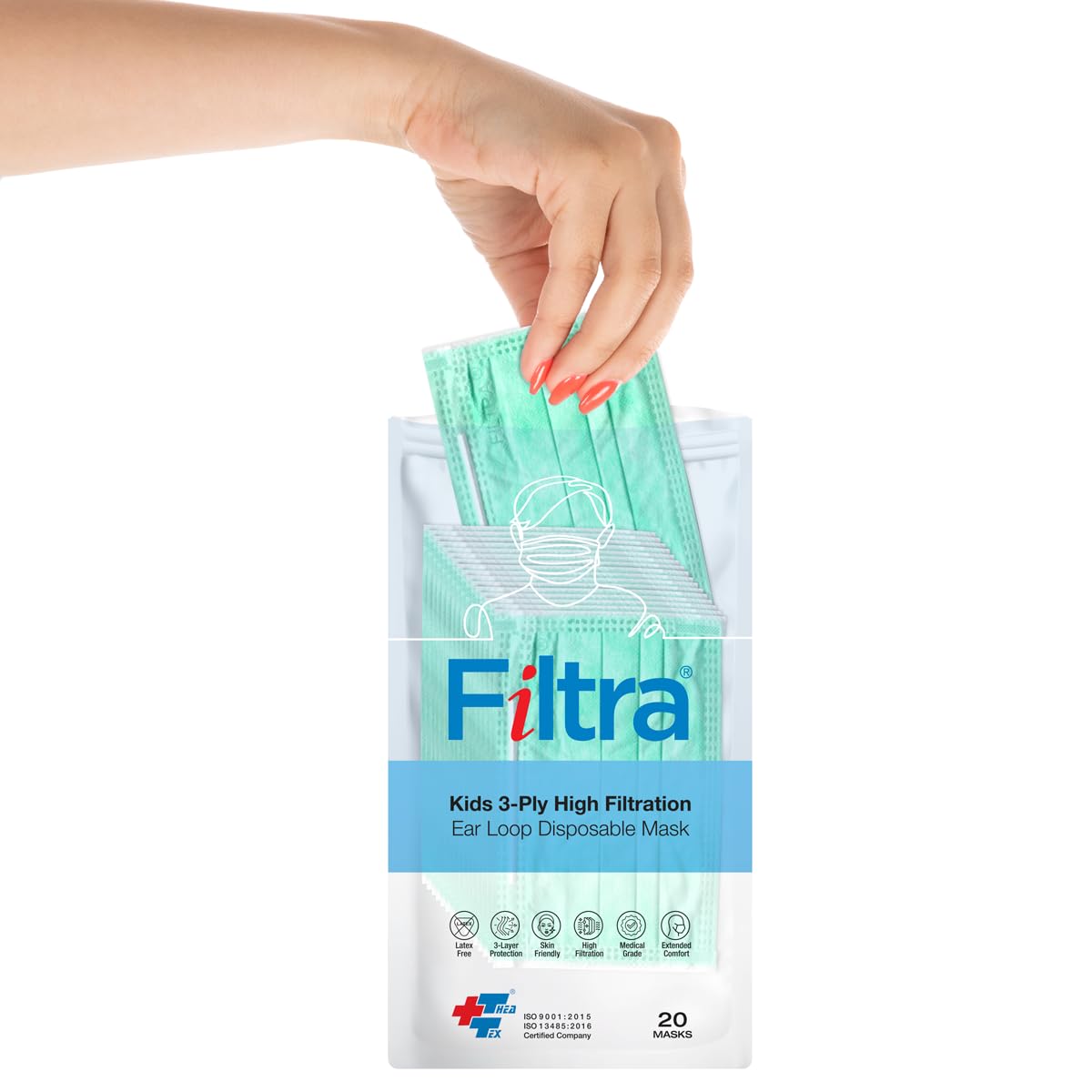 A woman's hand reaches into a package of FILTRA Kids 3-Ply High Filtration Ear Loop Disposable Masks, which contains 20 green masks.