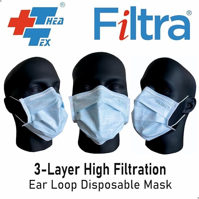 FILTRA® 3-Ply Ear Loop Surgical Mask | Adult | Black+Blue |Pouch of 20 Masks