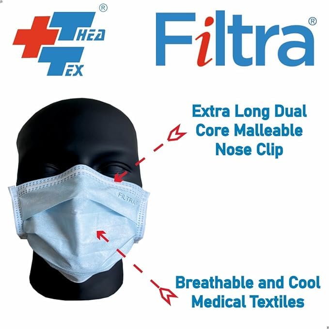 FILTRA® 3-Ply Ear Loop Surgical Mask | Adult | Black+Blue |Pouch of 20 Masks