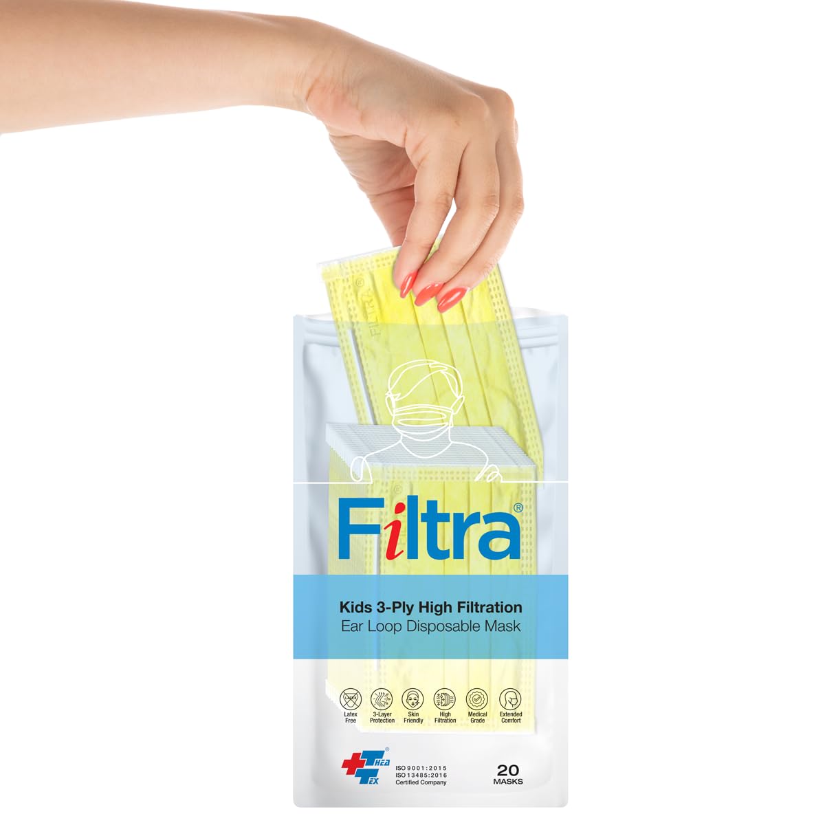 A woman's hand reaches into a package of FILTRA Kids 3-Ply High Filtration Ear Loop Disposable Masks, which contains 20 yellow masks.