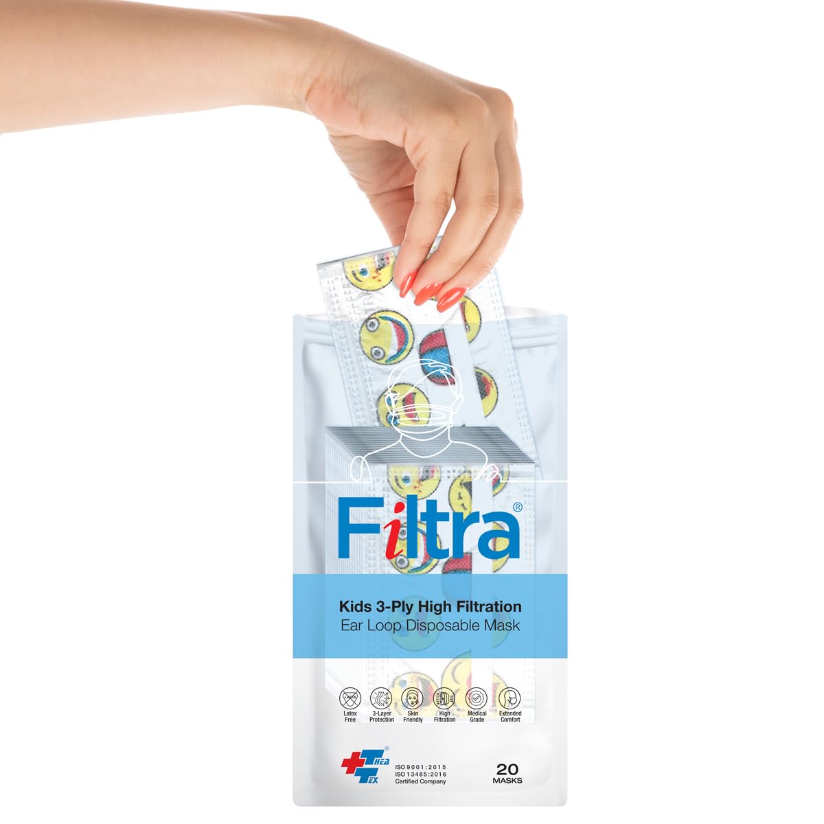 A woman's hand reaches into a package of FILTRA Kids 3-Ply High Filtration Ear Loop Disposable Masks with cartoon smiley faces, which contains 20 masks.
