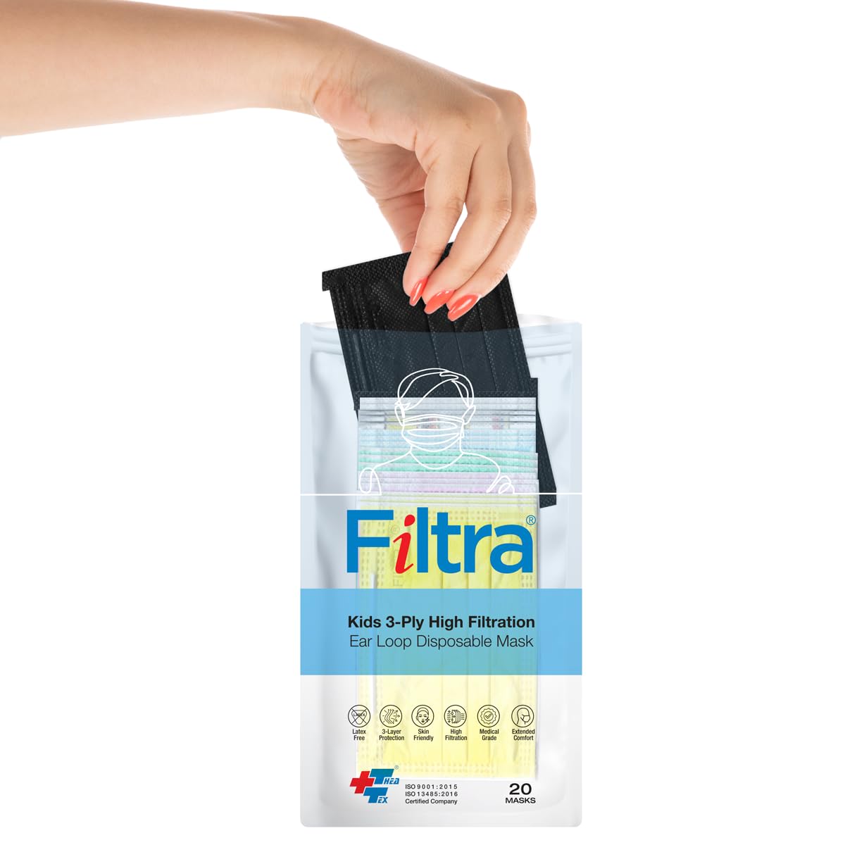 A woman's hand reaches into a package of FILTRA Kids 3-Ply High Filtration Ear Loop Disposable Masks, which contains 20 black masks.