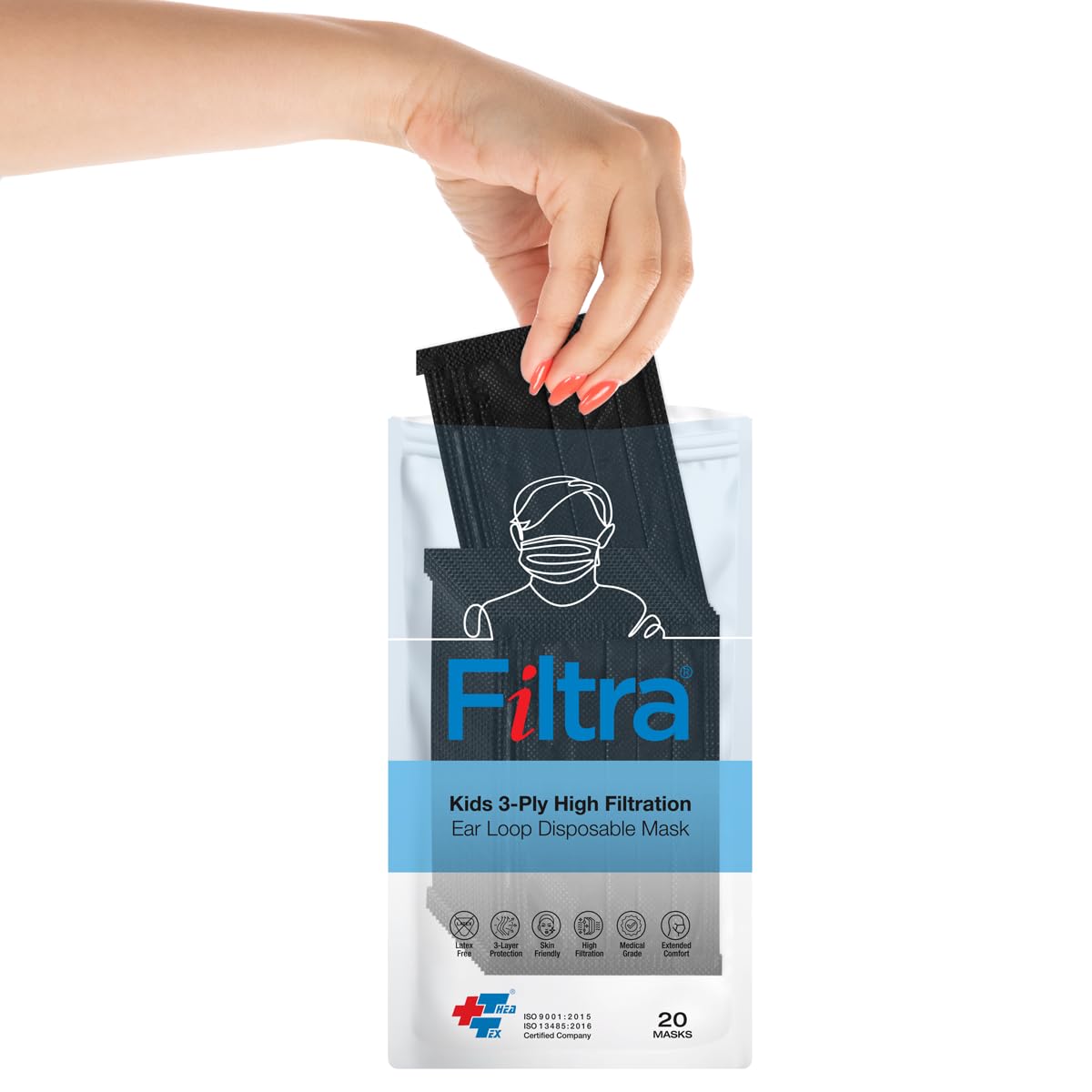 A woman's hand reaches into a package of FILTRA Kids 3-Ply High Filtration Ear Loop Disposable Masks, which contains 20 black masks.
