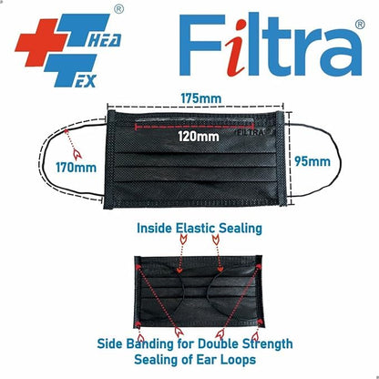 FILTRA® 3-Ply Ear Loop Surgical Mask | Black |Pouch of 20+Box of 100 Masks