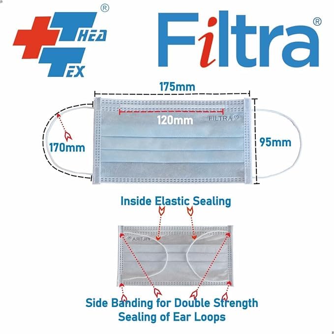 FILTRA® 3-Ply Ear Loop Surgical Mask | Blue | Pouch of 20+Box of 100 Masks