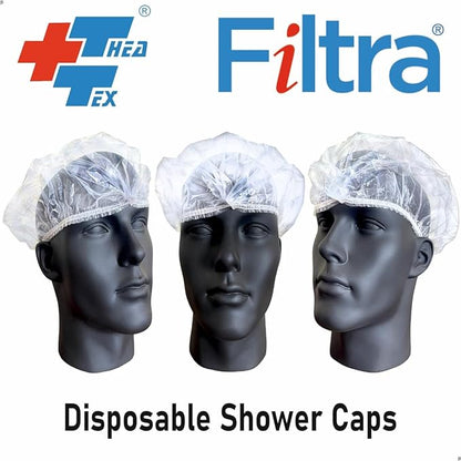 Three mannequins wearing disposable shower caps from FILTRA, a brand certified by THEA-TEX.