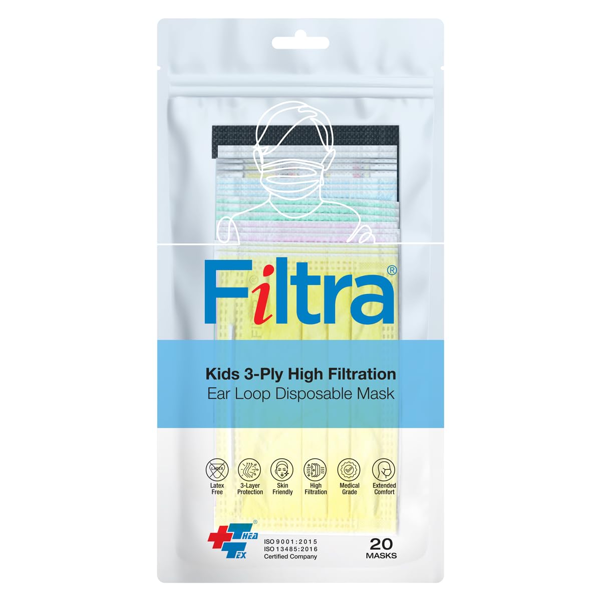 FILTRA® 3-Ply Ear Loop Surgical Mask | Adult+Kids | Blue+Multi Colour |Pouch of 20 Masks