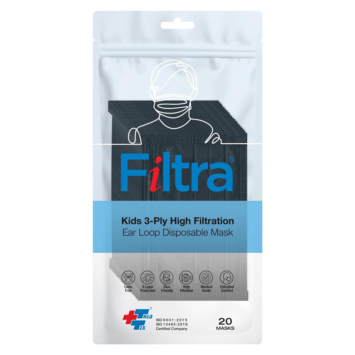 FILTRA® 3-Ply Ear Loop Kids Mask  | Black | Pouch of 20 Pcs Masks