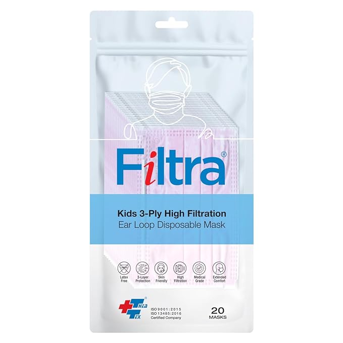 FILTRA® 3-Ply Ear Loop Kids Mask  | Pink | Pouch of 20 Pcs Masks