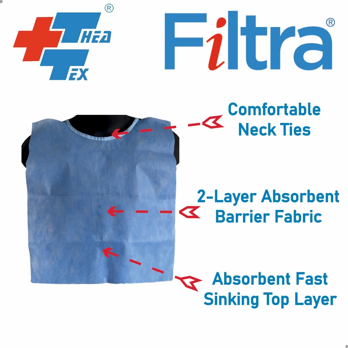 FILTRA® Disposable Dental Bib with Neck Ties | Blue | Zip Lock Pouch of 10 Bibs | [10 count (Pack of 2)]